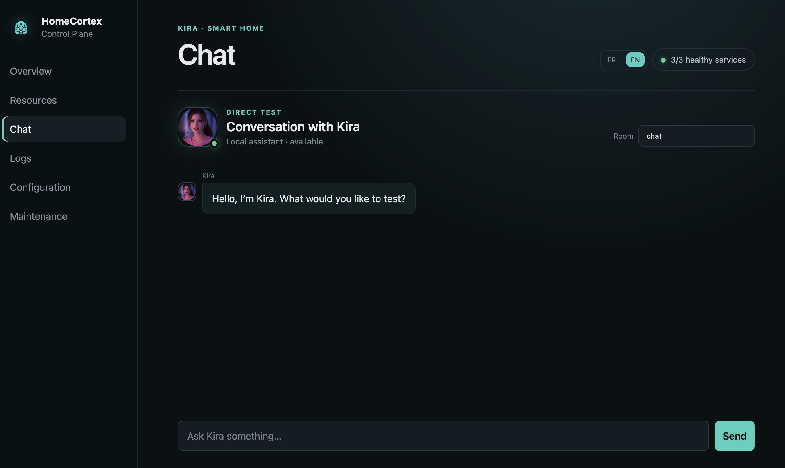 Integrated HomeCortex chat interface for direct conversations with Kira